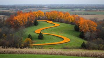 Autumn landscape, winding yellow path, hilltop view, farmland background, nature scene photo
