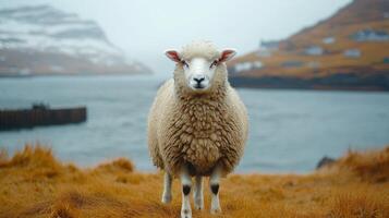 Sheep gazing, coastal Iceland, autumn, fjord background, nature photography photo
