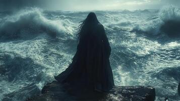 Solitary figure, dark robe, stormy ocean, cliff edge, fantasy backdrop photo