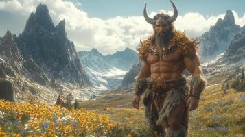 Muscular Viking warrior in mountain meadow photo
