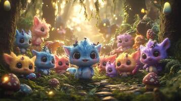Magical creatures gather in enchanted forest photo