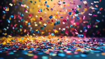 Colorful confetti falling, celebration, dark background, festive event photo