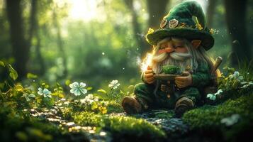 Gnome enjoying tea, forest, sunlight, fantasy, whimsical illustration photo