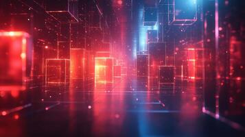 Red and blue digital city, glowing cubes, abstract background, tech concept photo