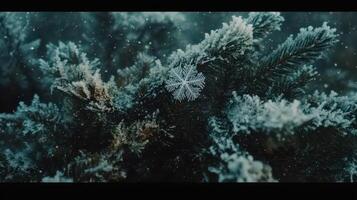 Frosty pine branch, snowflake detail, winter snowfall, nature background, holiday card photo