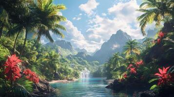 Tropical paradise waterfall beach photo