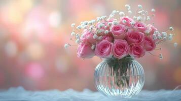 Pink roses bouquet in glass vase, window background, romantic setting, Valentine's Day card photo