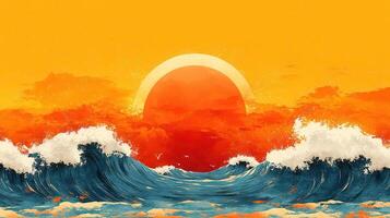 Ocean waves crashing at sunset, fiery sky, calm background, ideal for travel posters photo