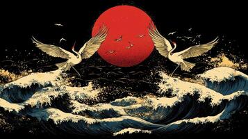 Cranes dancing over ocean waves, red sun backdrop, Japanese art style, print design photo