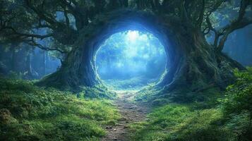 Magical forest path through ancient tree, moonlit night, fantasy landscape, game background photo