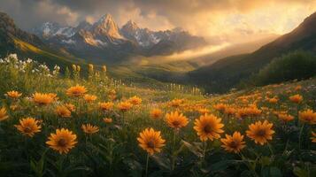 Sunset over mountain meadow wildflowers photo