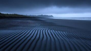 Coastal beach, dramatic sky, sand patterns, distant castle. Travel, landscape photography photo