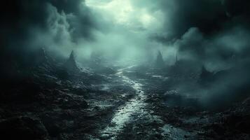 Dark fantasy landscape, mystical river, stormy sky, ominous peaks, game background photo