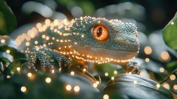 Glowing gecko in rainforest, nighttime, digital art, nature fantasy photo