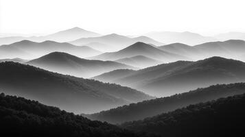 Misty mountain range at sunrise, serene landscape, peaceful background, nature photography photo
