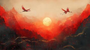 Red Sunset Mountains, Cranes Flying, Peaceful Landscape, Art Print photo