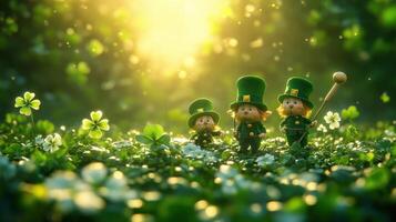 Leprechauns in clover field, sunset, magical background, St. Patrick's Day card photo