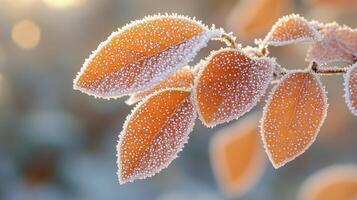 Frozen autumn leaves on branch, sunrise, winter nature scene, seasonal card photo