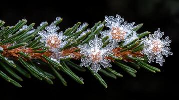 Macro shot of snowflakes on pine branch, dark background, winter nature photo