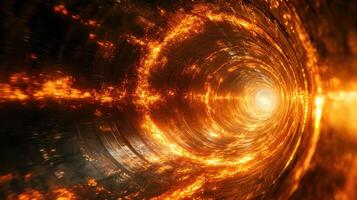 Fiery tunnel, light at end, abstract background, VFX photo