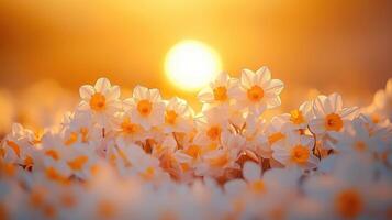 Sunset daffodil field, nature scene, spring blooms photo