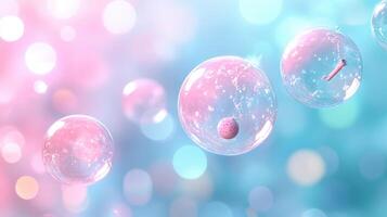 Pink blue bubbles floating, abstract background, science concept, cosmetic ad photo