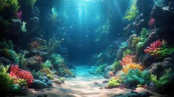 Underwater coral reef path, sunlight, ocean, marine life, background, nature, screen saver photo