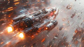 Spaceship fleeing asteroid field, cosmic battle photo