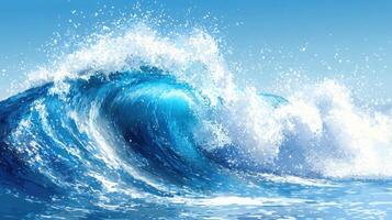 Ocean wave crashing, sunny day, blue sky, water splash, nature background photo
