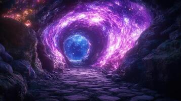 Cosmic cave portal, glowing path, fantasy landscape, game background photo