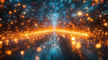 Glowing particles tunnel, cosmic energy, abstract background photo