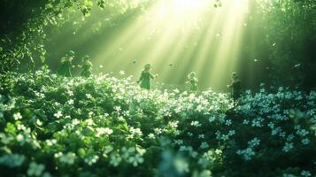 Children dancing in sunlit forest meadow photo