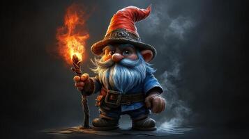 Fiery Gnome Adventure Fantasy character with torch, smoky background, game art photo