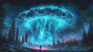 Man witnesses cosmic mushroom glow, night forest photo
