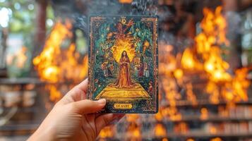 Tarot card reading, fire background, mystical ritual, spiritual practice, stock photo