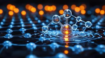 Molecular structure on liquid surface, glowing, science background photo