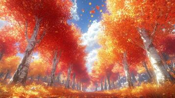 Autumnal path, vibrant leaves, forest scene, sunny sky, fall landscape, nature background photo