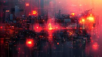 Futuristic city glowing red at night, digital art photo