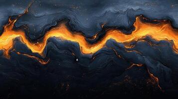 Molten lava river flows through dark rock. Background Volcanic landscape. Use Abstract art, texture photo