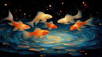 Goldfish Gathering Night Pond Light Mystical Art photo
