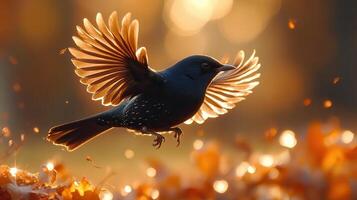 Bird in flight, autumn leaves, sunset, nature scene, wildlife photography photo