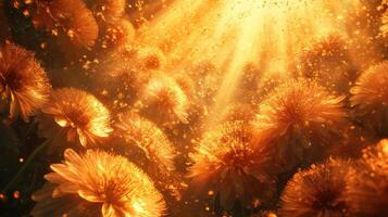 Golden flowers, sunlit field, magical glow, nature background, fantasy art photo