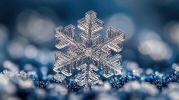 Close-up snowflake, winter scene, bokeh background, holiday card photo