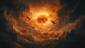 Fiery sunset, birds in flight, dark clouds, apocalyptic scene, fantasy art photo