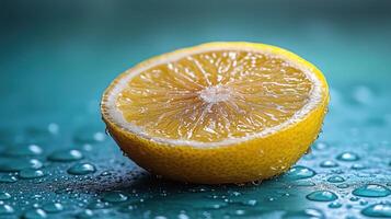 Juicy lemon half, water droplets, teal background, food photography photo
