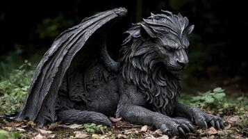 Winged lion statue, garden setting, dark background, fantasy decor photo