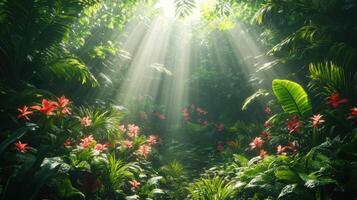 Sunbeams in lush rainforest, vibrant flowers, tranquil scene, nature background, ideal for travel brochures photo