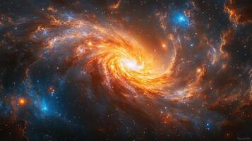 Fiery spiral galaxy, cosmic dust, space background, science fiction art photo