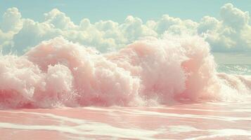 Pink wave crashing on beach, sunny sky photo
