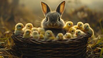 Rabbit guards chicks in basket, spring meadow background, Easter card photo